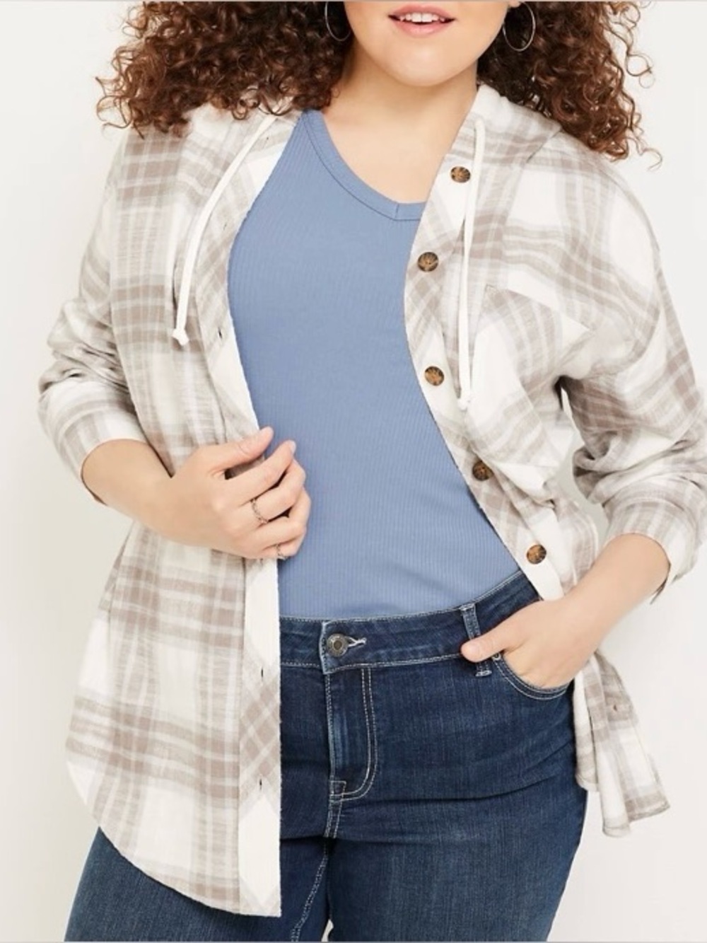 Maurices Cabin Plaid Hooded Shirt White Tan Button Down Oversized Medium Women’s